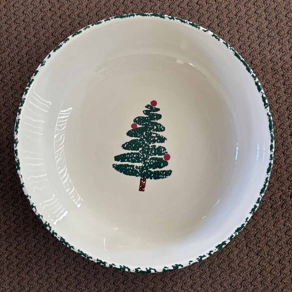 Furio Christmas Tree Serving Bowl Made in Italy Sponge Paint Bulbs Holiday